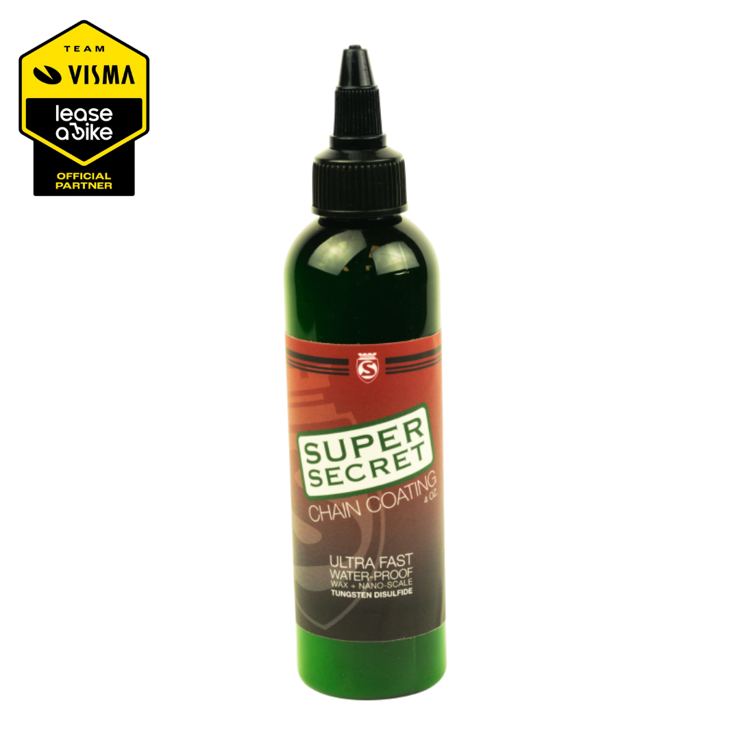 Bottle of Super Secret chain coating with Visma logo on a white background