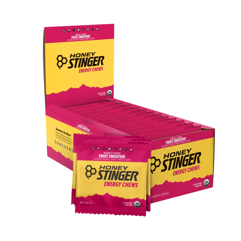 Experience a burst of fruity goodness with Honey Stinger's Fruit Smoothie Energy Chews Box of 12. Individually wrapped for on-the-go convenience, these cyclist-approved chews offer a delicious and effective solution for quick energy during your rides. Elevate your cycling journey with the natural taste and sustained energy of Honey Stinger.
